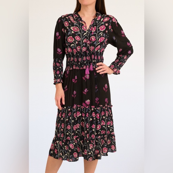 Just Bellina Dark Brown Black Pink Floral Long Sleeve Midi Dress Sz Medium - Picture 1 of 13